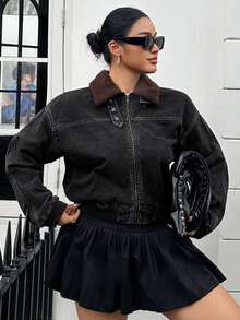 Dazy Plus Vintage Denim Patchwork Collar Loose Street Casual Jacket Coat Spring Autumn Winter - Black - View 5
