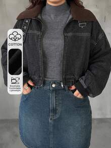 Dazy Plus Vintage Denim Patchwork Collar Loose Street Casual Jacket Coat Spring Autumn Winter - Black - View 3