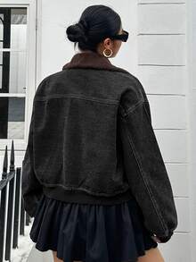 Dazy Plus Vintage Denim Patchwork Collar Loose Street Casual Jacket Coat Spring Autumn Winter - Black - View 8