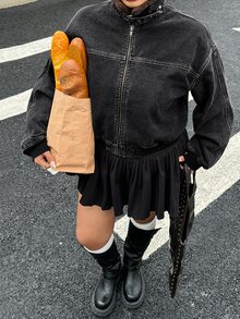 Dazy Plus Vintage Denim Patchwork Collar Loose Street Casual Jacket Coat Spring Autumn Winter - Black - View 6