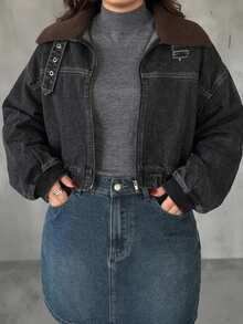 Dazy Plus Vintage Denim Patchwork Collar Loose Street Casual Jacket Coat Spring Autumn Winter - Black - View 1