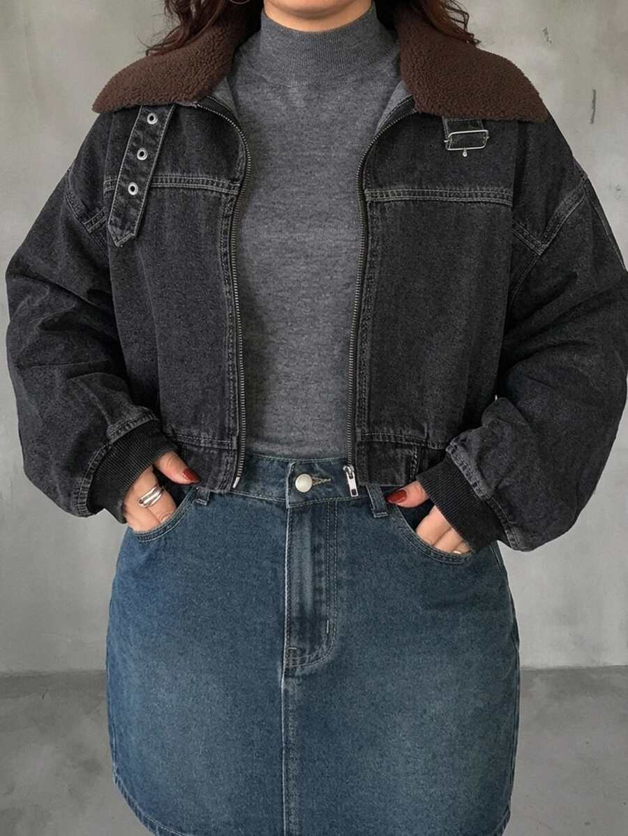 Dazy Plus Vintage Denim Patchwork Collar Loose Street Casual Jacket Coat Spring Autumn Winter - Black - View 1