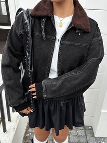 Dazy Plus Vintage Denim Patchwork Collar Loose Street Casual Jacket Coat Spring Autumn Winter - Black - View 10