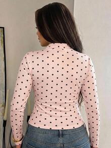 Dazy Plus Elastic Fitted Fashion Polka Dot Square Neck Short Sleeve Versatile Casual White Plus Size Women's Spring/Summer T-Shirt - Pink - View 2