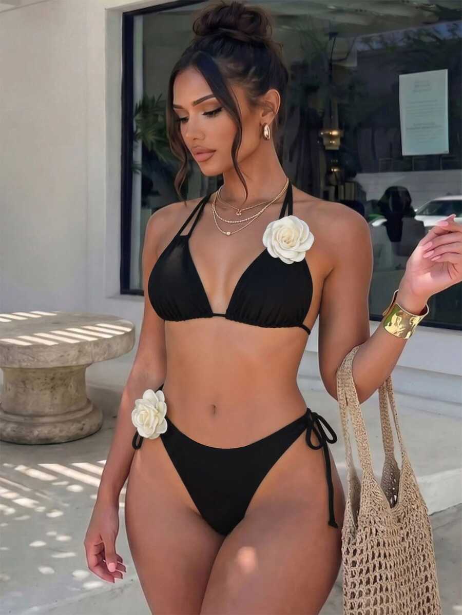 SHEIN Swim Summer Beach 3d Flower Decorated Side Tie Bikini Set
