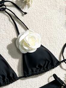 SHEIN Swim Summer Beach 3d Flower Decorated Side Tie Bikini Set - Black - View 5