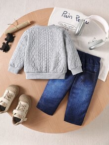 SHEIN 2pcs Baby Boys Sweatshirt Jeans Set Preppy Cute Grey Blue Cable Knit Ripped Long Sleeve Round Neck Regular Outdoor School Fall Holiday Halloween - Grey - View 2