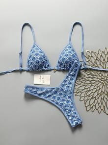 SHEIN Swim Women Summer Random Floral Spaghetti Strap Sexy Bikini Set - Blue and White - View 3