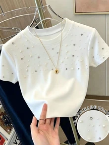 Franclia Women's Solid Color Faux Pearl Decor Round Neck Short Sleeve T-Shirt - White - View 4