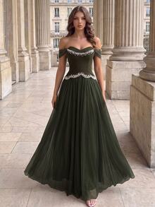 Poshira Women's Luxury Beaded Decor Formal Evening Gown Dress (Heavy Workmanship Style) - Army Green - View 1