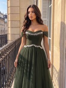Poshira Women's Luxury Beaded Decor Formal Evening Gown Dress (Heavy Workmanship Style) - Army Green - View 5