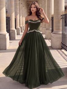 Poshira Women's Luxury Beaded Decor Formal Evening Gown Dress (Heavy Workmanship Style) - Army Green - View 4