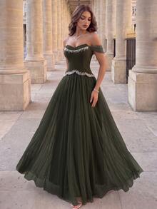 Poshira Women's Luxury Beaded Decor Formal Evening Gown Dress (Heavy Workmanship Style) - Army Green - View 3