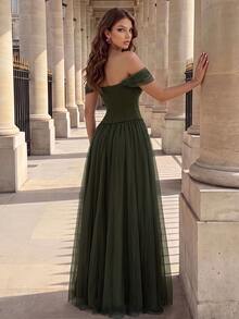 Poshira Women's Luxury Beaded Decor Formal Evening Gown Dress (Heavy Workmanship Style) - Army Green - View 2