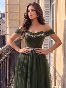 Poshira Women's Luxury Beaded Decor Formal Evening Gown Dress (Heavy Workmanship Style) - Army Green - View 6