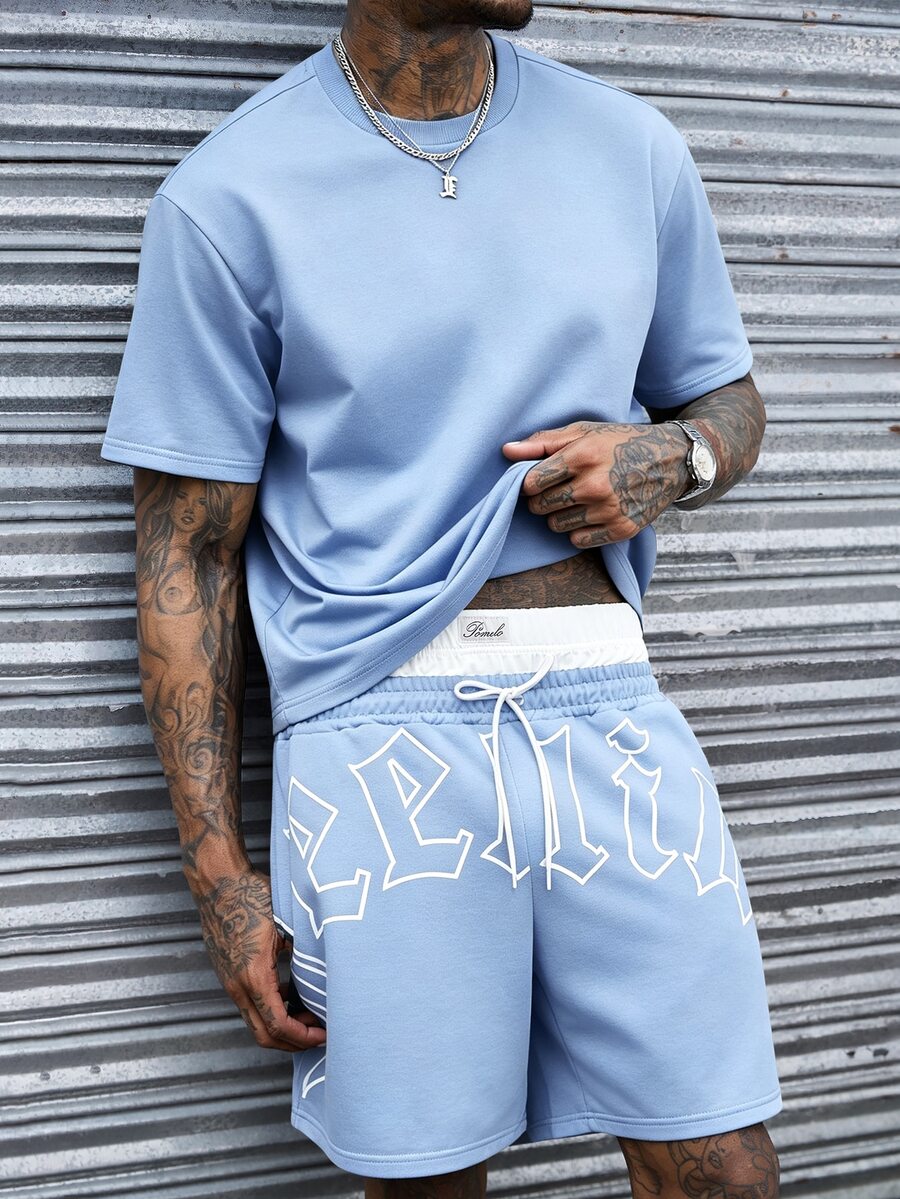Manfinity Roughcore Men's Letter Print Short Sleeve T-Shirt And Shorts Casual Daily Set - Baby Blue - View 1