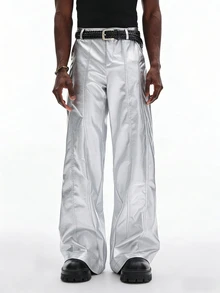 STYNVO Men's PU Leather Pocket Loose Fit Wide Leg Pants Black And Silver Flare Metallic Reflective Rave Autumn Streetwear Techno - Silver - View 5