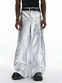 STYNVO Men's PU Leather Pocket Loose Fit Wide Leg Pants Black And Silver Flare Metallic Reflective Rave Autumn Streetwear Techno - Silver - View 3