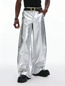 STYNVO Men's PU Leather Pocket Loose Fit Wide Leg Pants Black And Silver Flare Metallic Reflective Rave Autumn Streetwear Techno - Silver - View 4