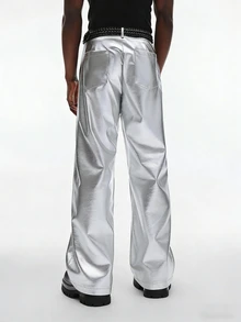 STYNVO Men's PU Leather Pocket Loose Fit Wide Leg Pants Black And Silver Flare Metallic Reflective Rave Autumn Streetwear Techno - Silver - View 2