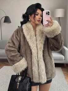 SHEIN PariChic Autumn/Winter New Vintage Elegant High-End Fashion Faux Fur Coat For Women - Coffee Brown - View 5