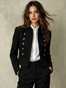 SHEIN Franclia French Style Stand Collar Double-Breasted Gold Button Cropped Blazer Jacket For Women, Premium Commuter Slimming Jacket Top For Petite - Black - View 3
