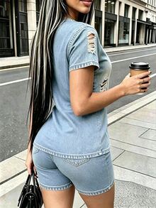 Rovax Women's Streetwear Round Neck Short Sleeve Top And Shorts Denim Effect Print 2-Piece Set - Multicolor - View 4