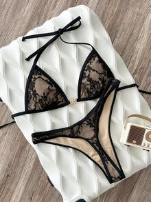 Costavie 女士春夏提花网纱挂脖金属装饰比基尼套装 - 黑色 - 查看 3