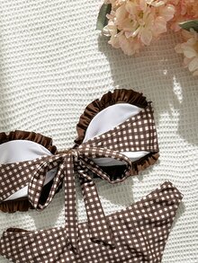 SHEIN Swim 女士可爱格纹荷叶边比基尼套装，适合海滩、度假、节日派对 - 棕色 - 查看 5