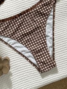 SHEIN Swim 女士可爱格纹荷叶边比基尼套装，适合海滩、度假、节日派对 - 棕色 - 查看 6