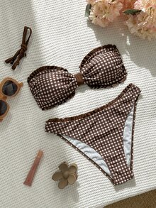 SHEIN Swim 女士可爱格纹荷叶边比基尼套装，适合海滩、度假、节日派对 - 棕色 - 查看 3