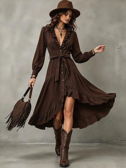 SHEIN Women's Solid Color Deep V-Neck Casual Party Dress