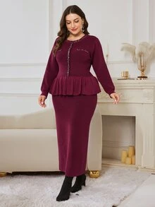 Modelyn Plus Size Women's Pleated Long Sleeve Top And Skirt Knit Set - Burgundy - View 5