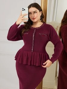 Modelyn Plus Size Women's Pleated Long Sleeve Top And Skirt Knit Set - Burgundy - View 3