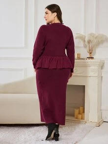 Modelyn Plus Size Women's Pleated Long Sleeve Top And Skirt Knit Set - Burgundy - View 2