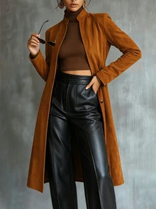 Linhara CURVE Plus Size Women's Loose A-Line Solid Color Elegant Trench Coat Fall - Brown - View 1