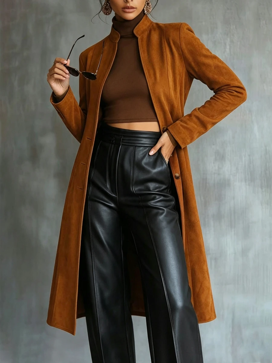 Linhara CURVE Plus Size Women's Loose A-Line Solid Color Elegant Trench Coat Fall - Brown - View 1