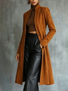 Linhara CURVE Plus Size Women's Loose A-Line Solid Color Elegant Trench Coat Fall - Brown - View 5