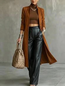 Linhara CURVE Plus Size Women's Loose A-Line Solid Color Elegant Trench Coat Fall - Brown - View 6