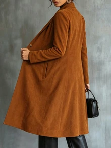 Linhara CURVE Plus Size Women's Loose A-Line Solid Color Elegant Trench Coat Fall - Brown - View 2