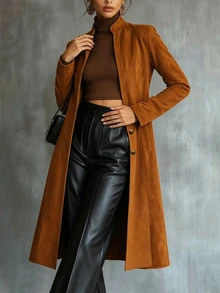 Linhara CURVE Plus Size Women's Loose A-Line Solid Color Elegant Trench Coat Fall - Brown - View 4