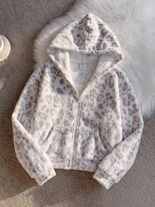 SHEIN 青少年女孩休閒印花抓絨連帽外套大衣，秋冬外套，返校季，學院風 - 灰色 - 查看 10