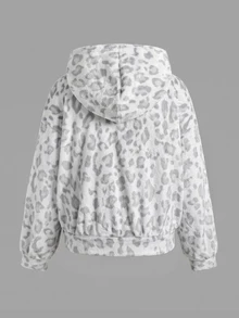 SHEIN 青少年女孩休閒印花抓絨連帽外套大衣，秋冬外套，返校季，學院風 - 灰色 - 查看 3