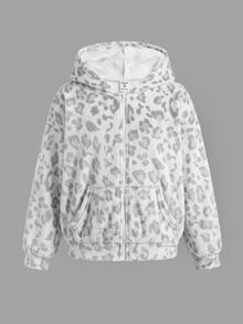 SHEIN 青少年女孩休閒印花抓絨連帽外套大衣，秋冬外套，返校季，學院風 - 灰色 - 查看 4