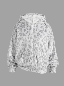 SHEIN 青少年女孩休閒印花抓絨連帽外套大衣，秋冬外套，返校季，學院風 - 灰色 - 查看 2