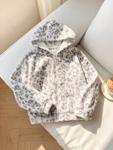 SHEIN 青少年女孩休閒印花抓絨連帽外套大衣，秋冬外套，返校季，學院風 - 灰色 - 查看 11