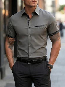 Manfinity Mode Men's Business Casual Patchwork Short Sleeve Shirt - Grey - View 3