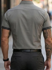 Manfinity Mode Men's Business Casual Patchwork Short Sleeve Shirt - Grey - View 2