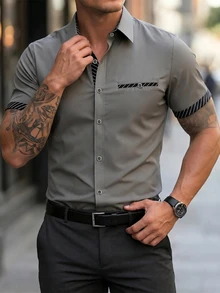 Manfinity Mode Men's Business Casual Patchwork Short Sleeve Shirt - Grey - View 1