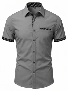 Manfinity Mode Men's Business Casual Patchwork Short Sleeve Shirt - Grey - View 4